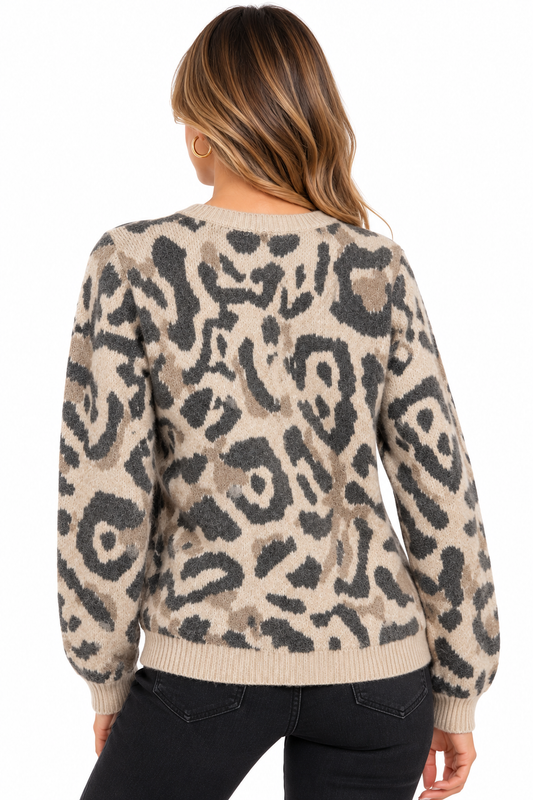 Rozy – Gebreid Vest met Luipaardprint en Knoopsluiting