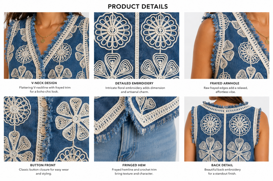 Boho Chic Embroidered Denim Gilet