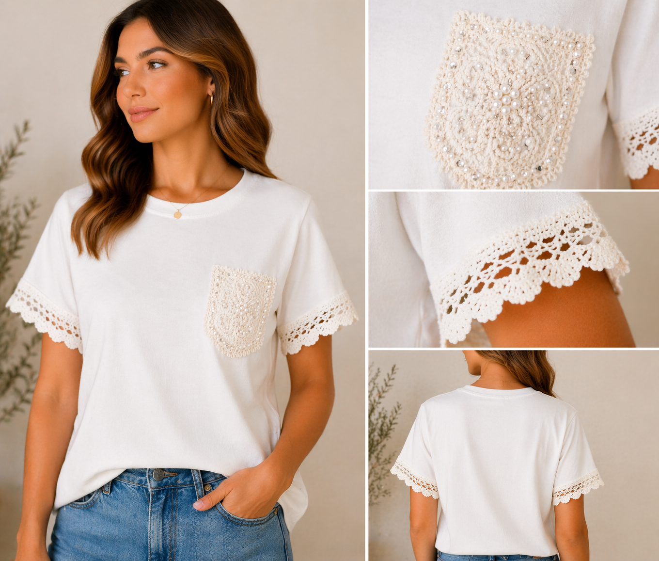Witte T-Shirt met Kant Pocket – Zacht Katoen & Elegante Look