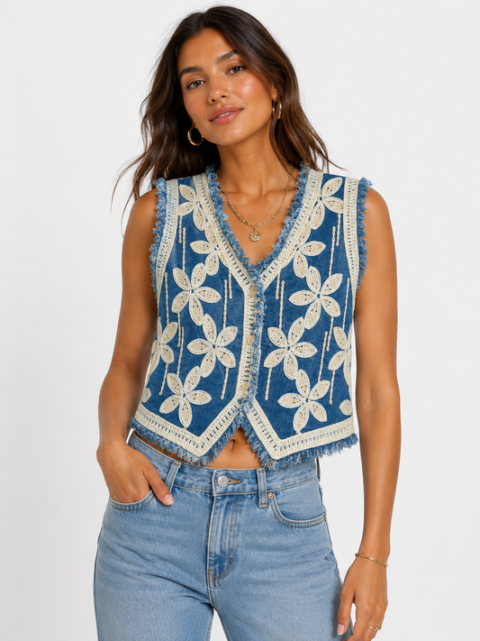Boho Chic Embroidered Denim Gilet
