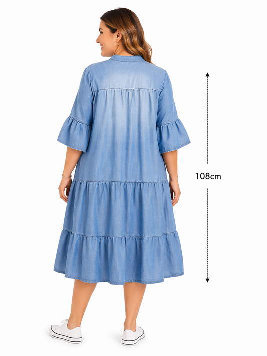 Curvy Jurk met Uitlopende Mouwen – Denim Stijl