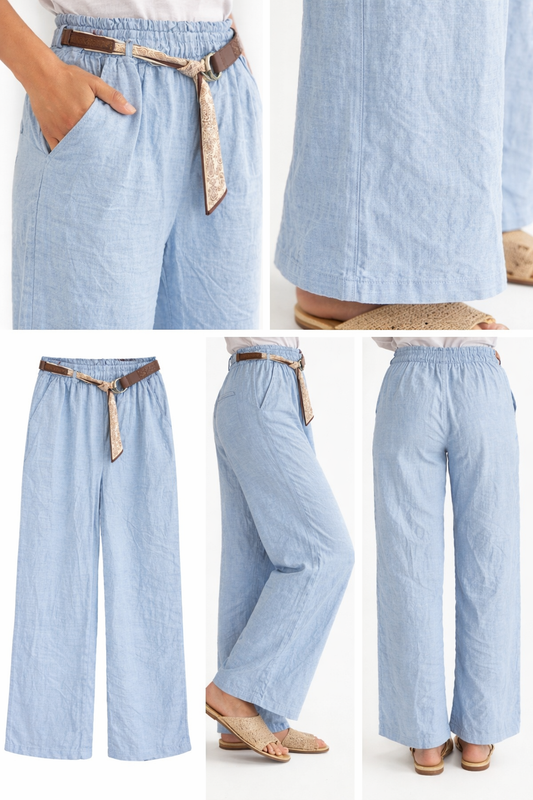 Lichtblauwe Wide Leg Broek – Zomerse Linnen Look met Riem