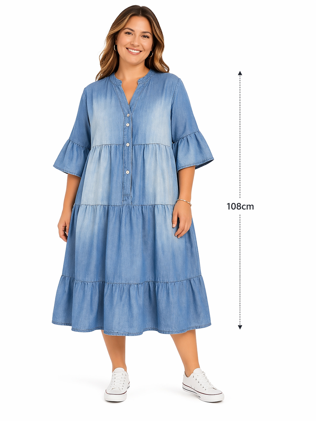 Curvy Jurk met Uitlopende Mouwen – Denim Stijl