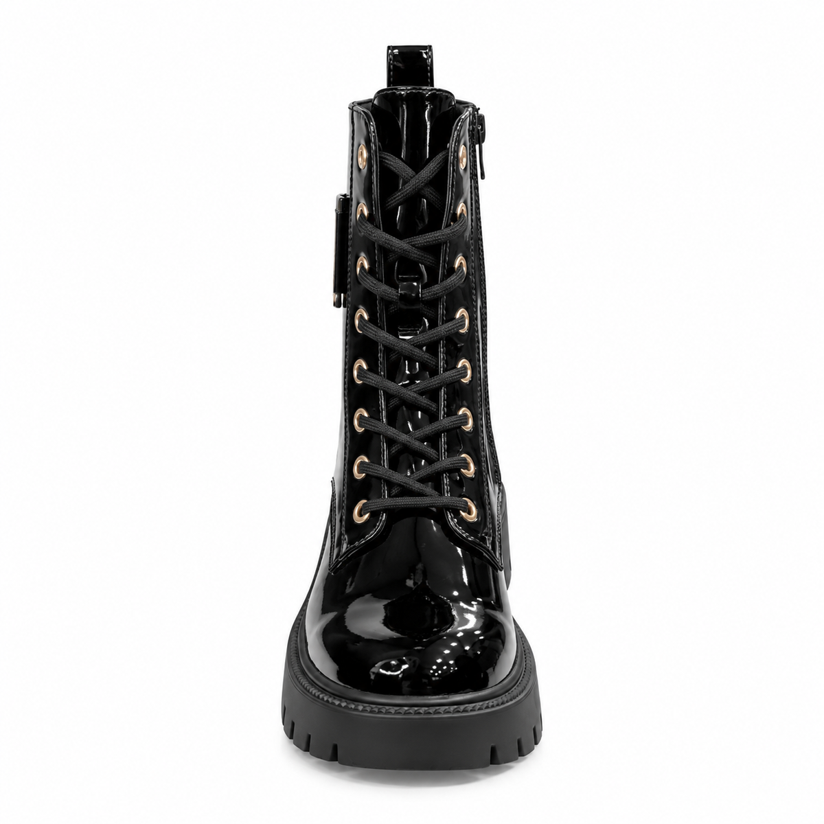 Zwarte Lak Veterboots met Gouden Gespdetails – Dames