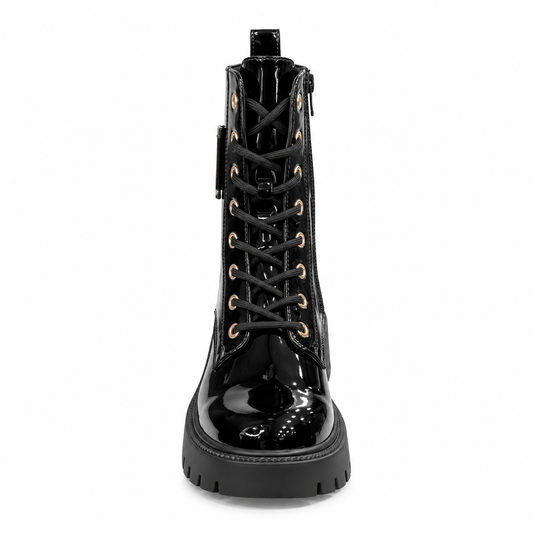 Zwarte Lak Veterboots met Gouden Gespdetails – Dames