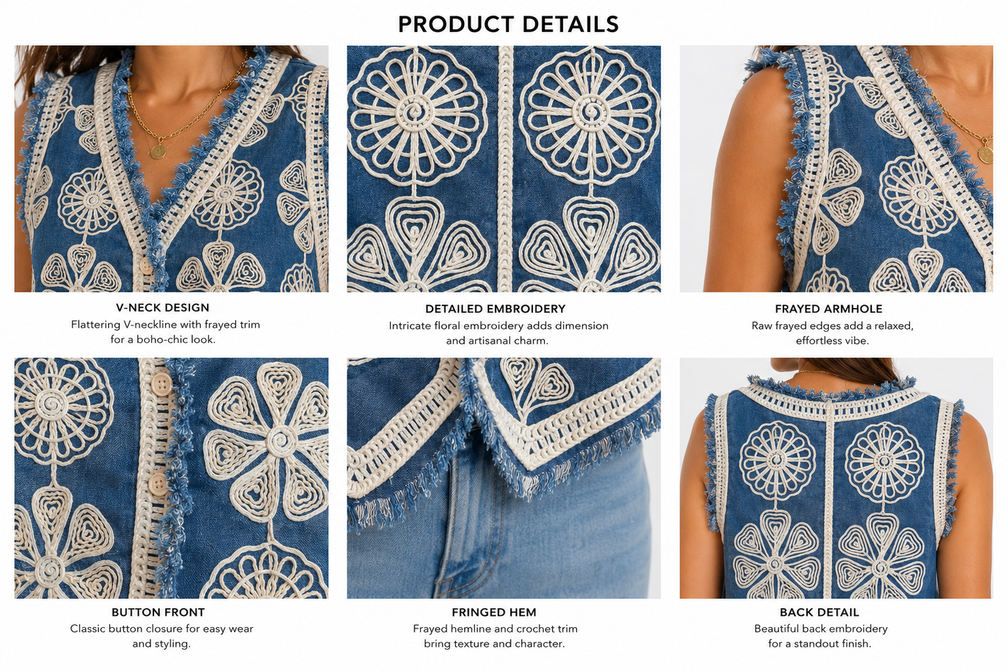 Boho Chic Embroidered Denim Gilet