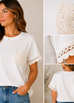 Witte T-Shirt met Kant Pocket – Zacht Katoen & Elegante Look