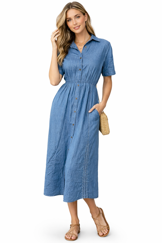 Blauwe Midi Jurk met Borduurwerk