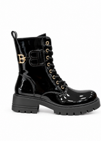Zwarte Lak Veterboots met Gouden Gespdetails – Dames