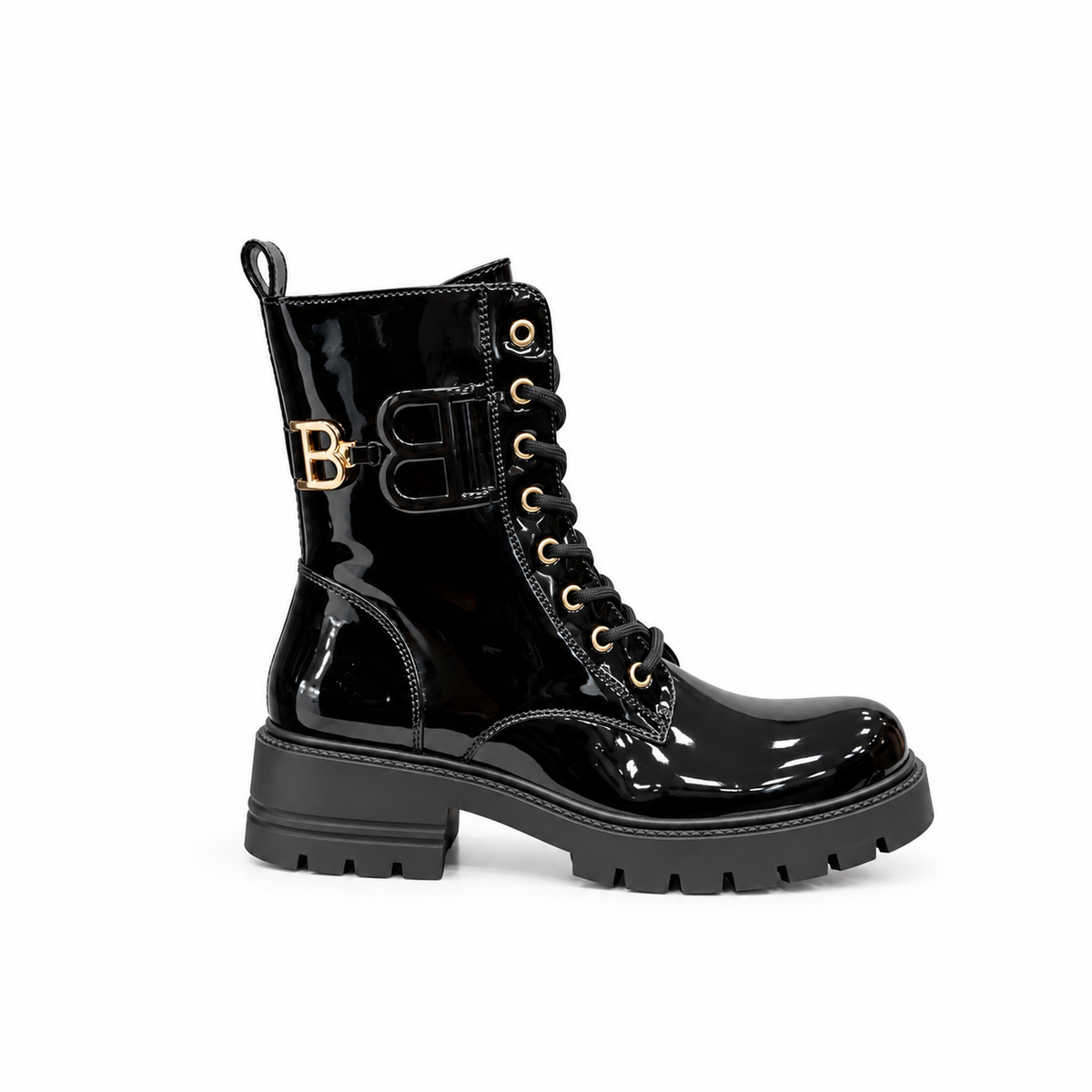Zwarte Lak Veterboots met Gouden Gespdetails – Dames