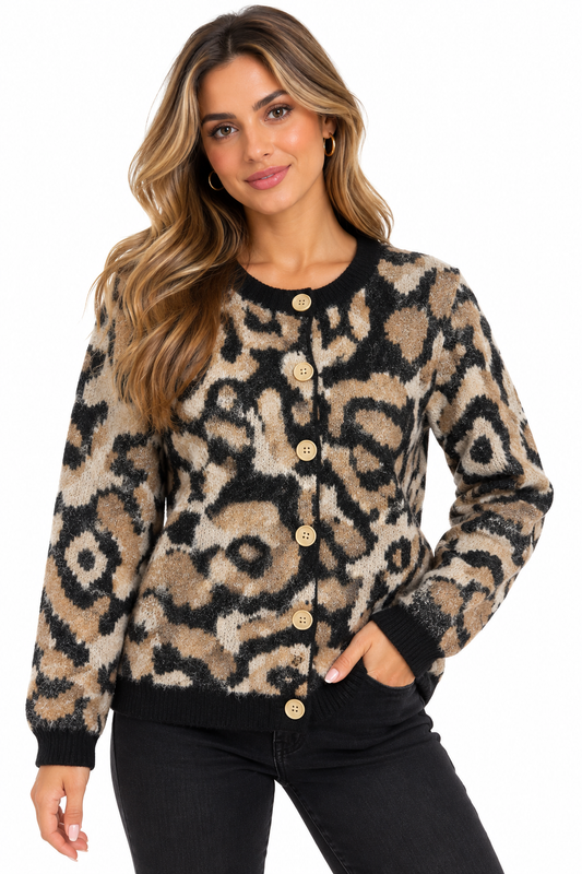 Rozy – Gebreid Vest met Luipaardprint en Knoopsluiting