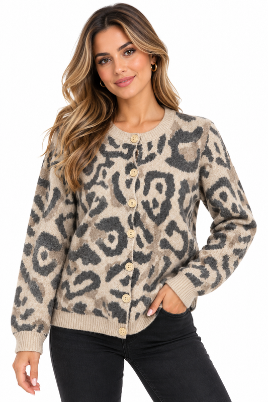 Rozy – Gebreid Vest met Luipaardprint en Knoopsluiting