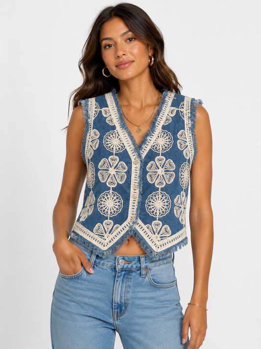 Boho Chic Embroidered Denim Gilet