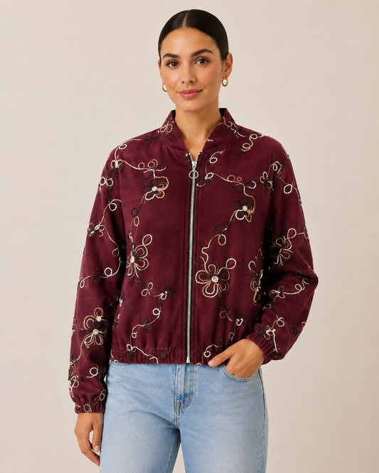 Floral Embroidered Zip Jacket – Made in Italy