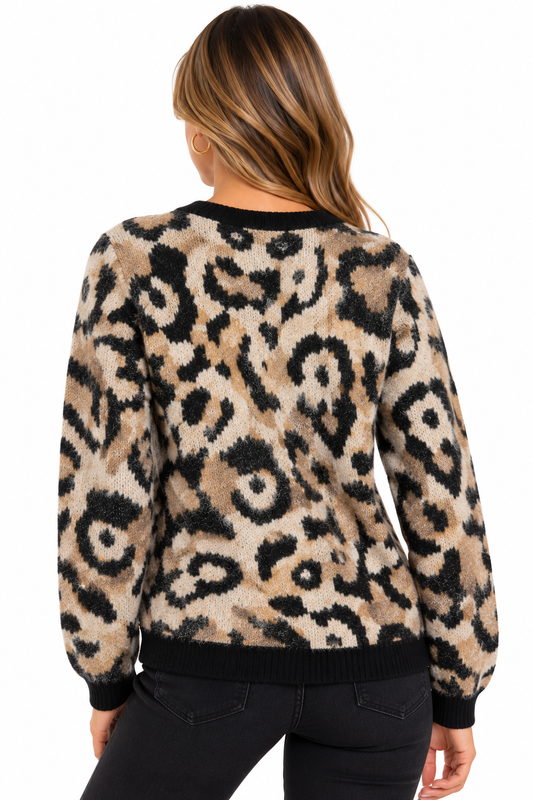 Rozy – Gebreid Vest met Luipaardprint en Knoopsluiting