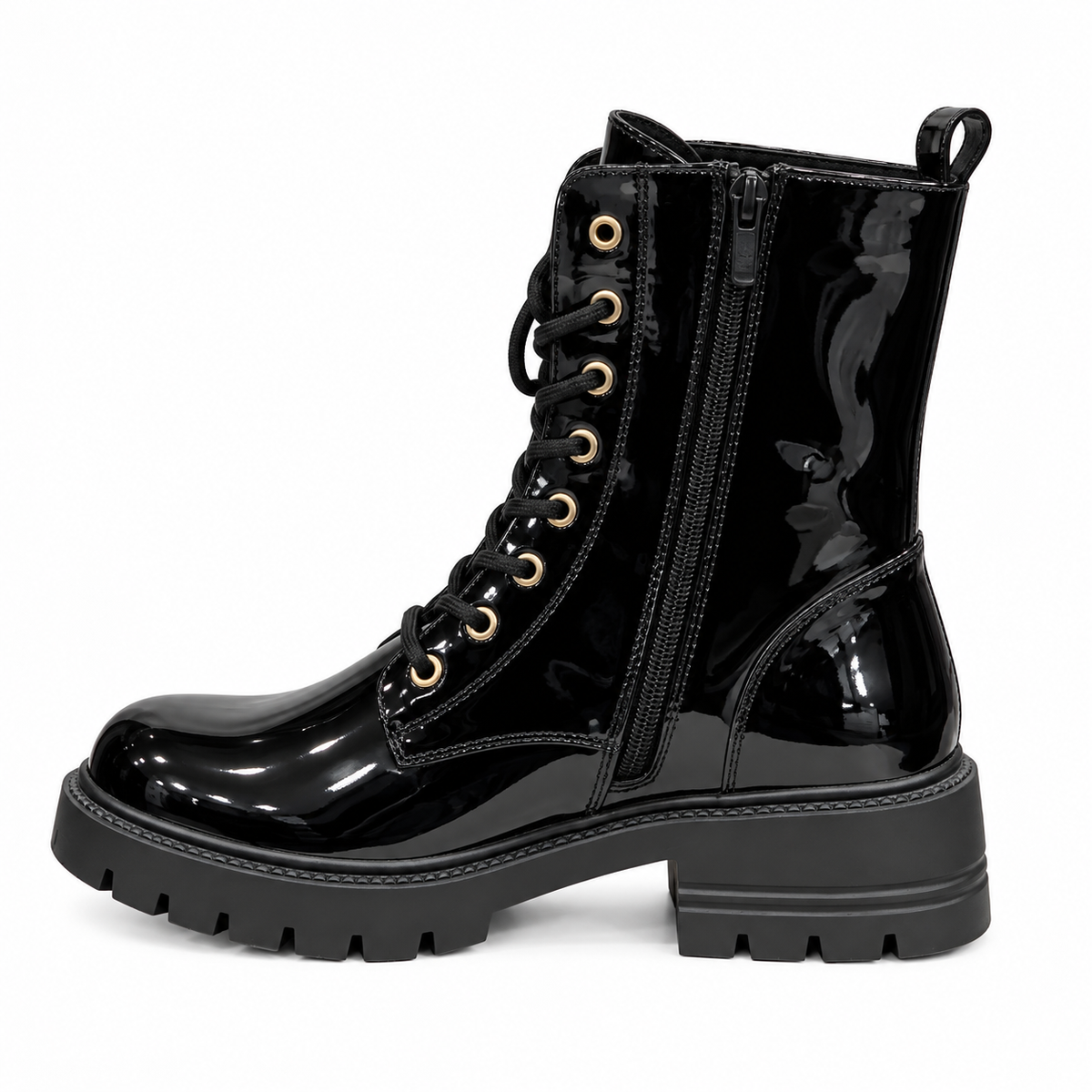 Zwarte Lak Veterboots met Gouden Gespdetails – Dames